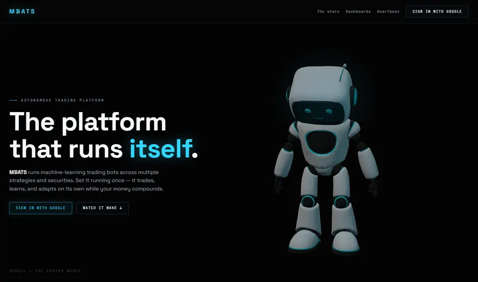The MBATS demo page: the heading The platform that runs itself beside a 3D robot.