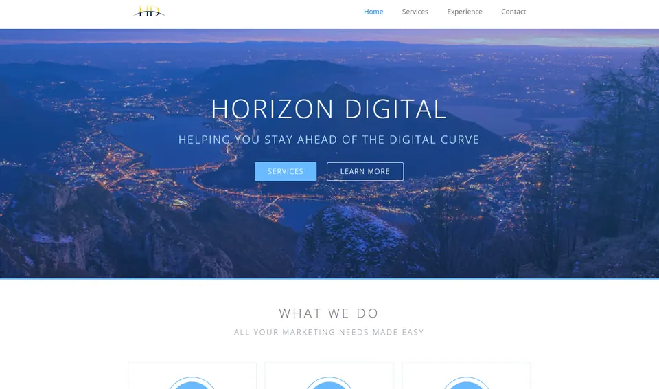 The Horizon Digital marketing site: a city skyline at dusk behind the heading Horizon Digital.