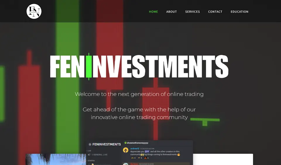 The Feninvestments home page: the Feninvestments wordmark over a candlestick chart.