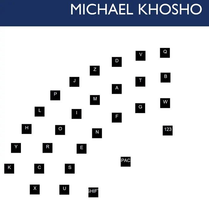 Genetic AI Keyboard: an evolved keyboard layout of scattered letter keys.
