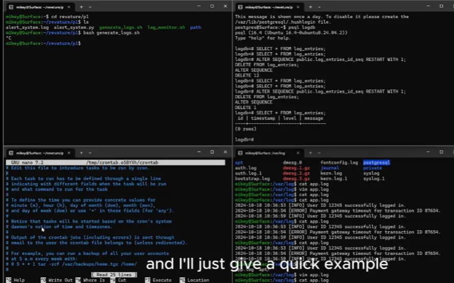 Log Monitoring and Alert System: four terminal panes showing log files, a crontab and a PostgreSQL session.